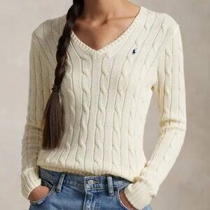 Ralph Lauren Womens Cotton V-Neck Cable Knit Sweater Cream